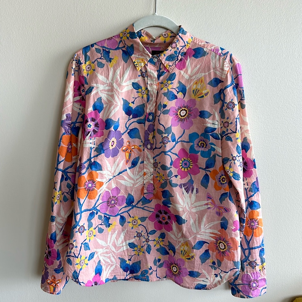 J Crew Liberty London Fabric Blouse Multicolor Floral Popover Shirt 6 / Small